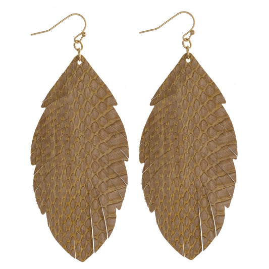 BEIGE LEATHER FEATHER EARRINGS