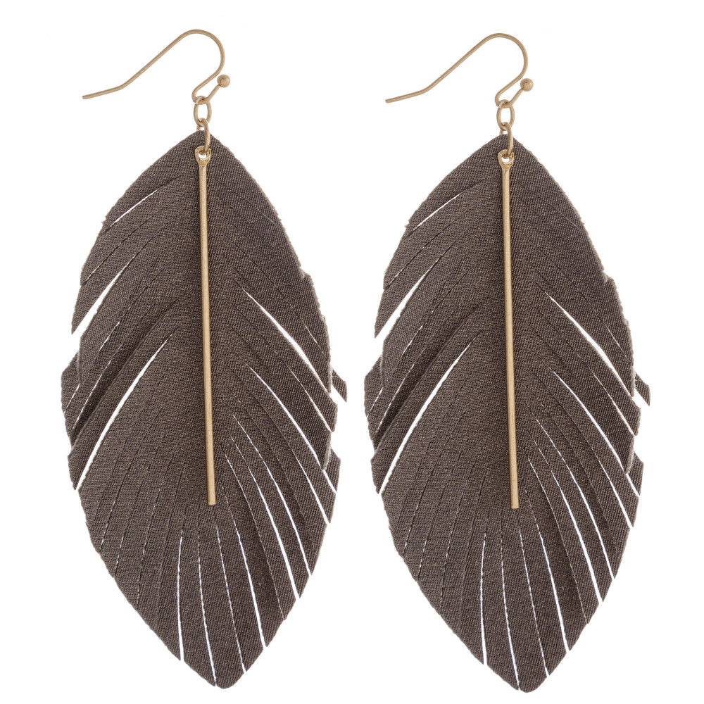 DARK GREY FABRIC FEATHER EARRINGS