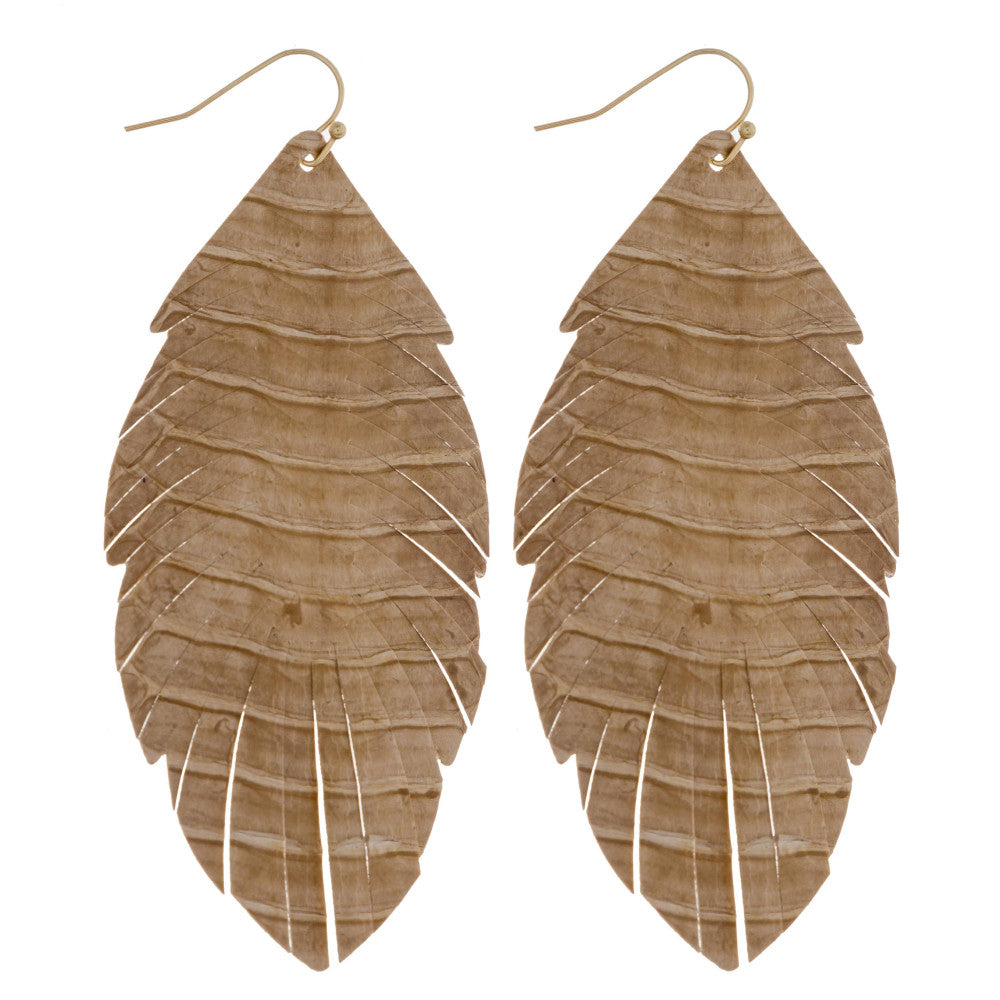 LIGHT BROWN Long feather inspired genuine leather earrings featuring alligator skin