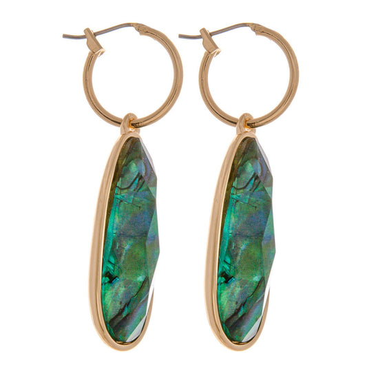 GREEN ABALONE Tiny hoop earrings featuring a iridescent acrylic inspired teardrop accent