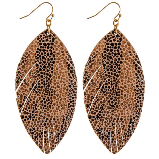 BEIGE Faux leather feather earrings featuring animal print details