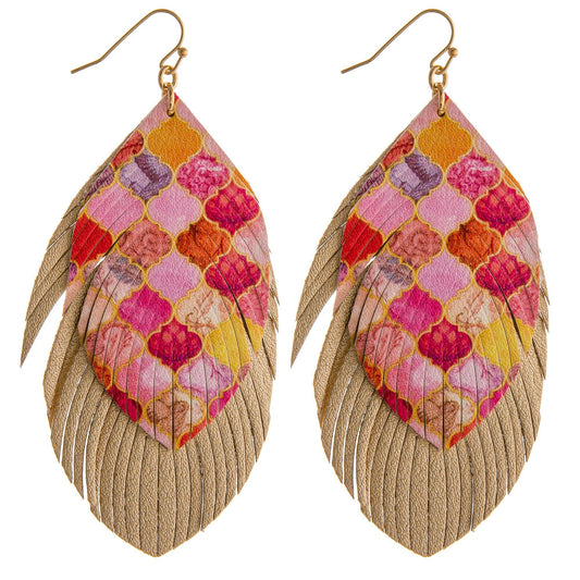 PEACH Double layered faux leather feather earrings with colored pattern details