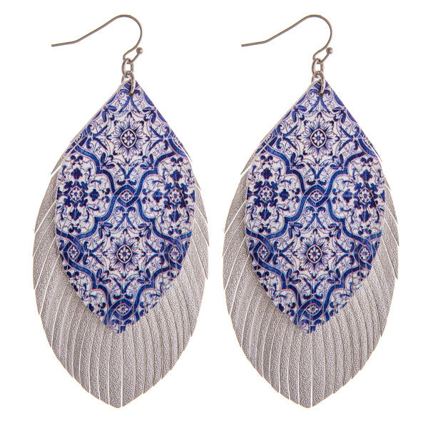 BLUE Double layered faux leather feather earrings with colored pattern details