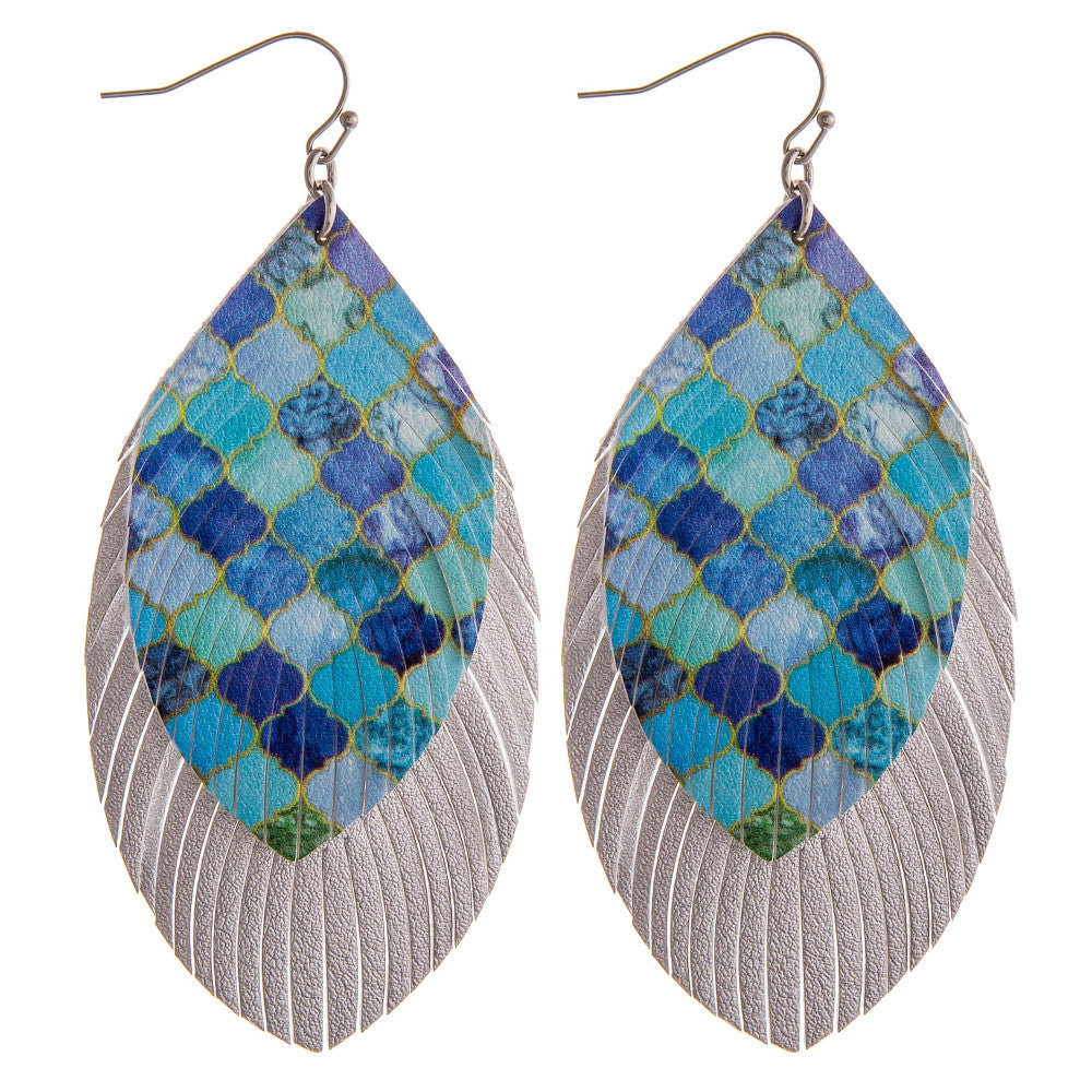 MINT Double layered faux leather feather earrings with colored pattern details