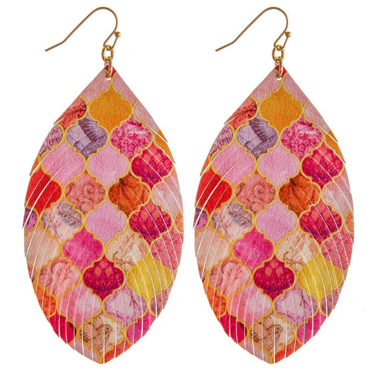 PEACH Faux leather feather earrings featuring colored patten details