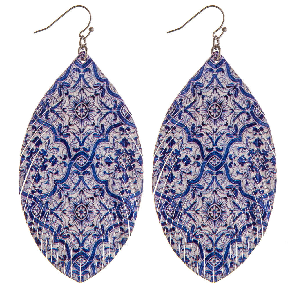 BLUE Faux leather feather earrings featuring colored patten details