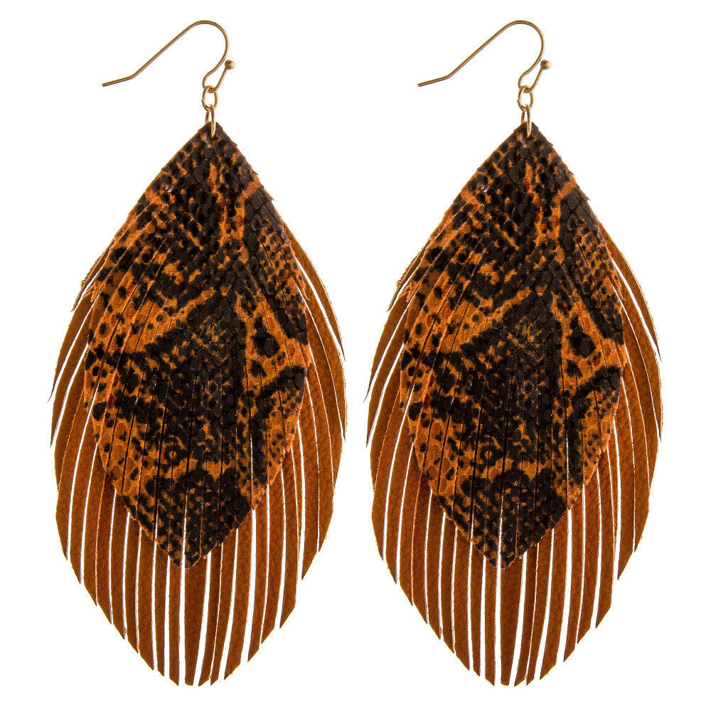 BROWN Double layered faux leather feather earrings with snakeskin details