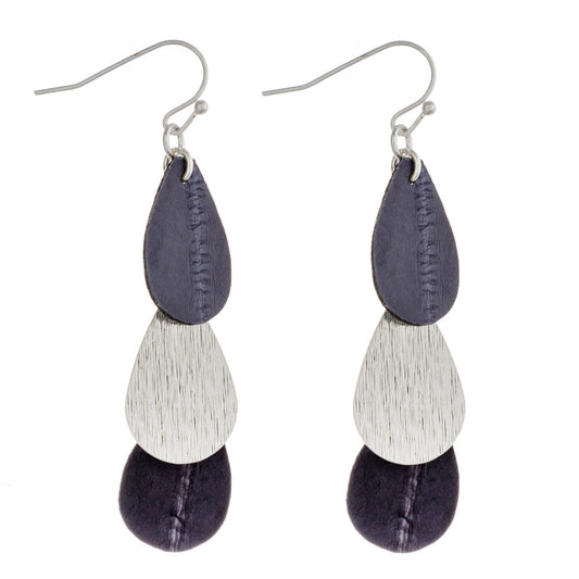 DARK GREY Long drop earrings featuring trio genuine leather and metal inspired teardrop accents