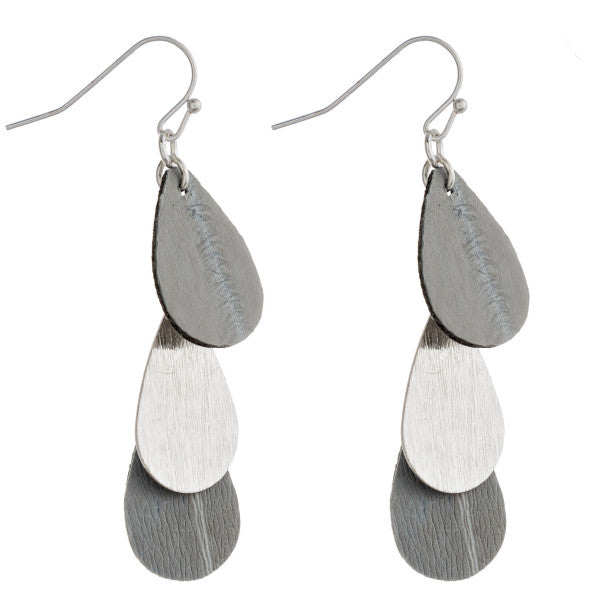 GREY Long drop earrings featuring trio genuine leather and metal inspired teardrop accents