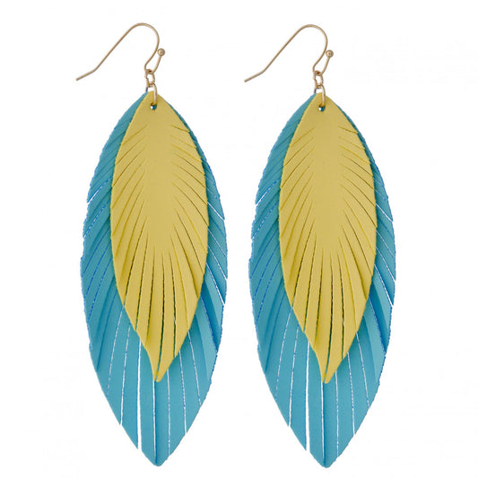 YELLOW/TURQUOISE Double layered faux leather feather inspired earrings