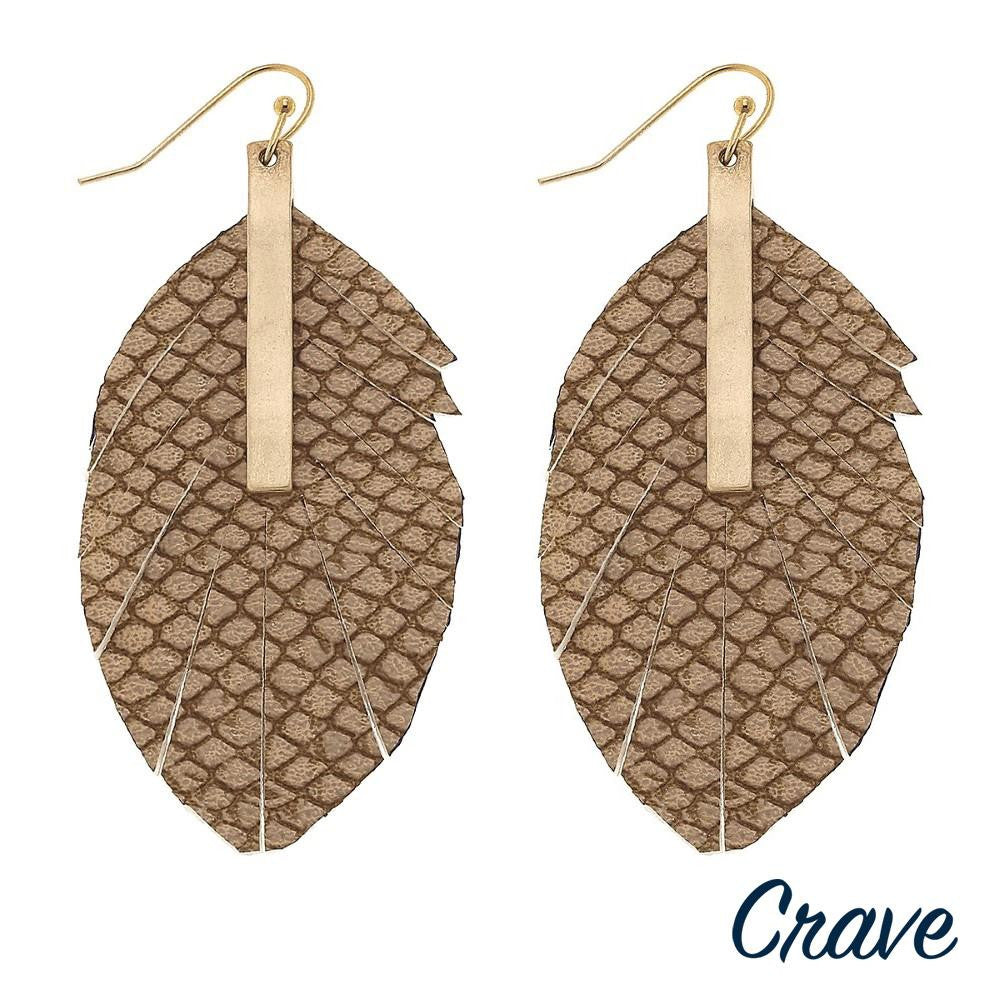 GOLD/BROWN Faux leather feather inspired earrings featuring snakeskin details and a gold bar accent