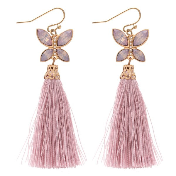 Tassel earrings featuring a jeweled butterfly accent