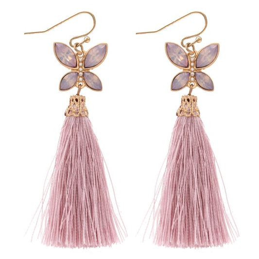 Tassel earrings featuring a jeweled butterfly accent