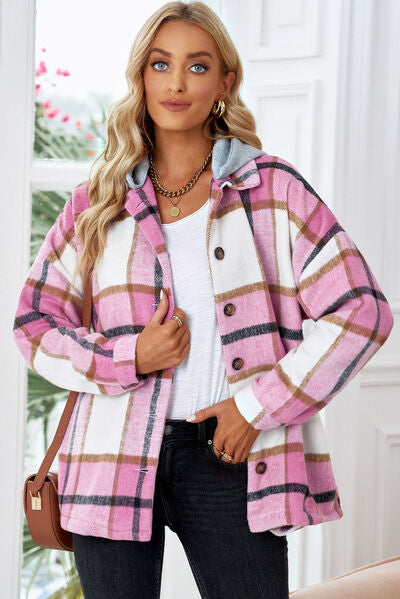 Button Up Plaid Hooded Jacket