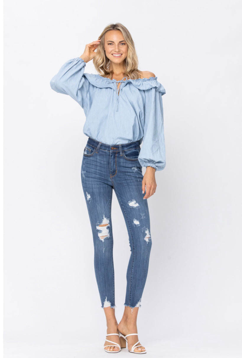 JUDY BLUE HIGH RISE CROPPED DESTROYED SKINNY