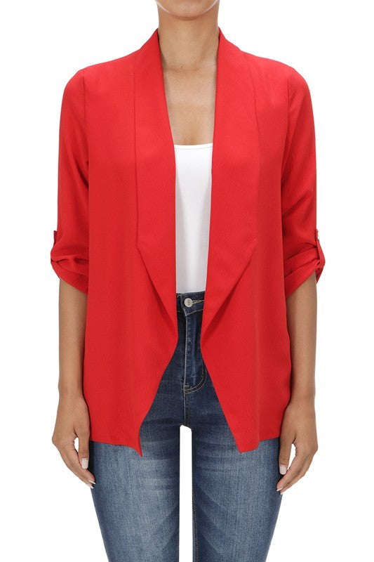 ROLL UP SLEEVE OPEN FRONT SOLID BLAZER
