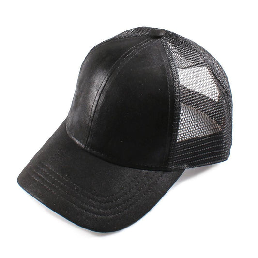 C.C Brand BA-1013 shimmering, metallic faux leather baseball cap with mesh back. Adjustable velcro back with CC leather Logo on back. 100% polyester