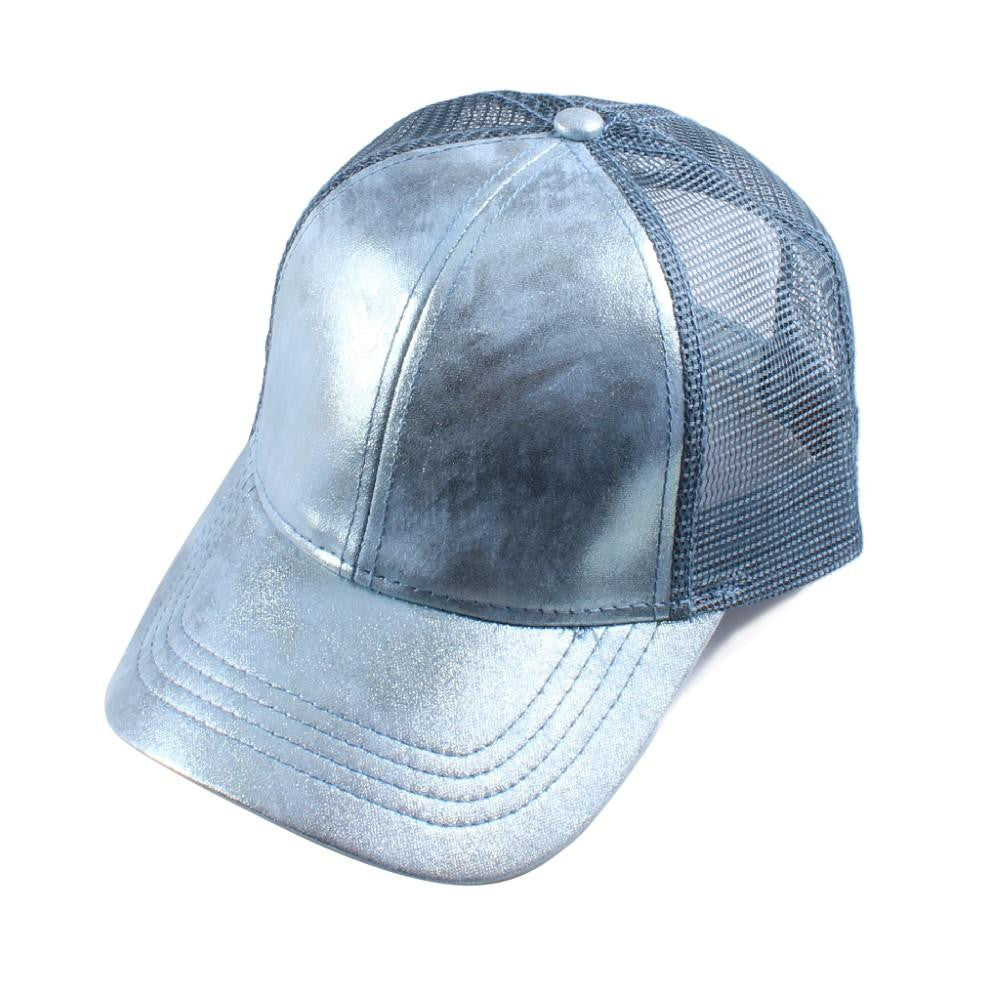 C.C Brand BA-1013 shimmering, metallic faux leather baseball cap with mesh back. Adjustable velcro back with CC leather Logo on back. 100% polyester