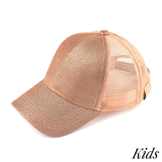 C.C KIDS Glitter trucker pony tail cap. 100% polyester. One size fits most.