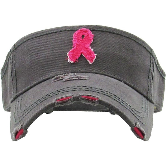 Vintage, distressed visor featuring "Power of Pink" inspired embroidered detail