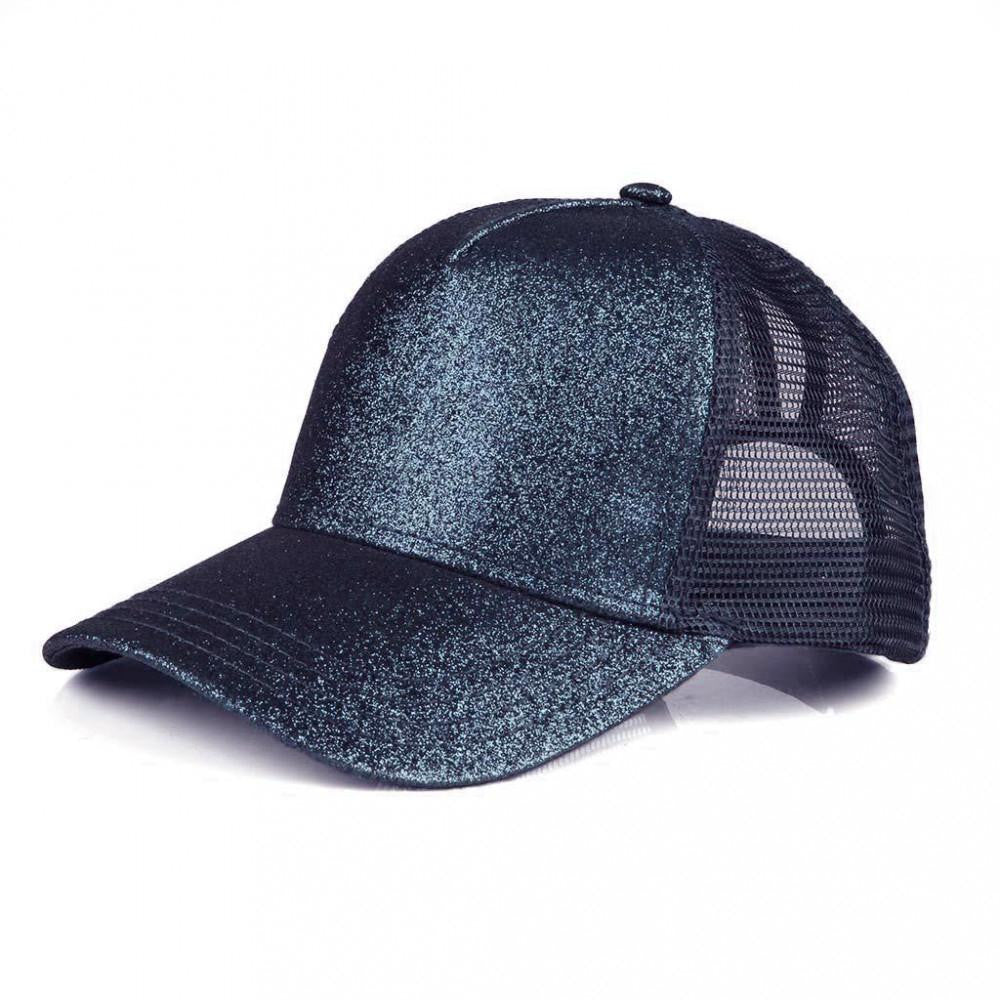 C.C glitter ponytail baseball cap with mesh back. Adjustable velcro back with CC leather Logo on back.