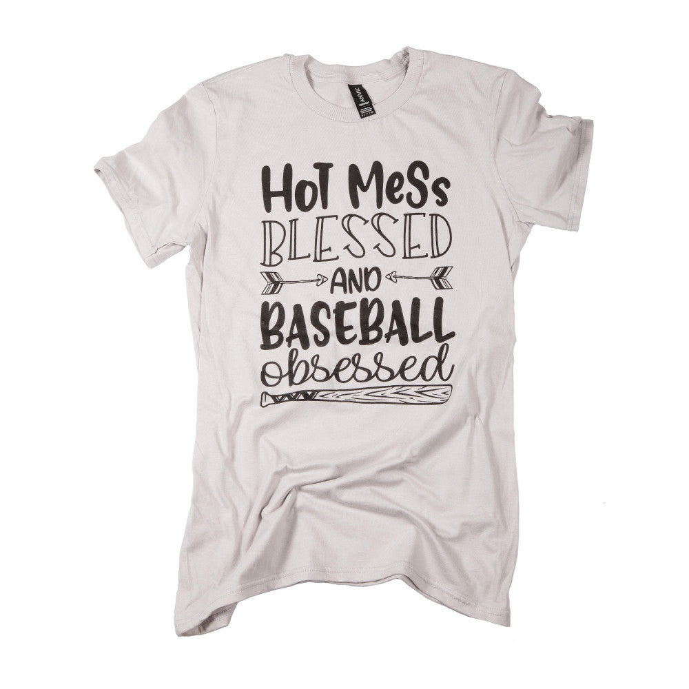 "Hot Mess Blessed and Baseball Obsessed." Short Sleeve Boutique Graphic Tee