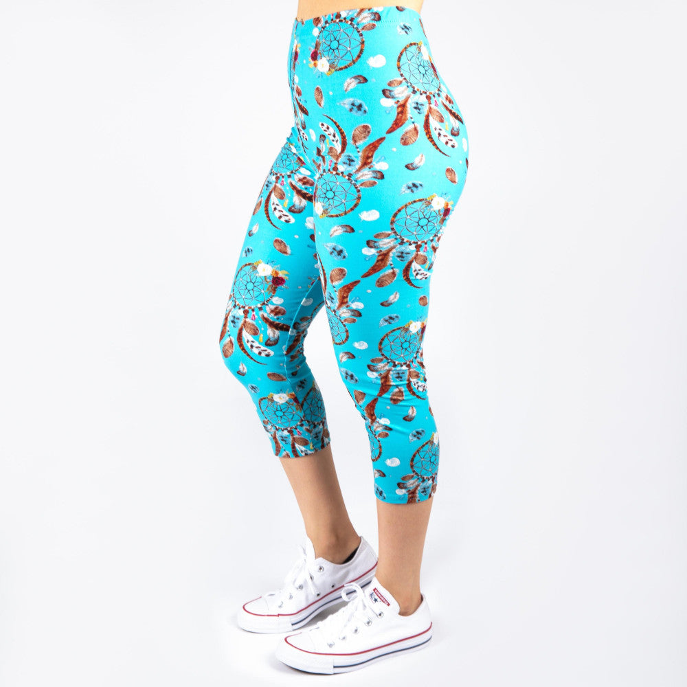 LIGHT BLUE DREAM CATCHERS  Print Ankle ONE Size CAPRI Leggings