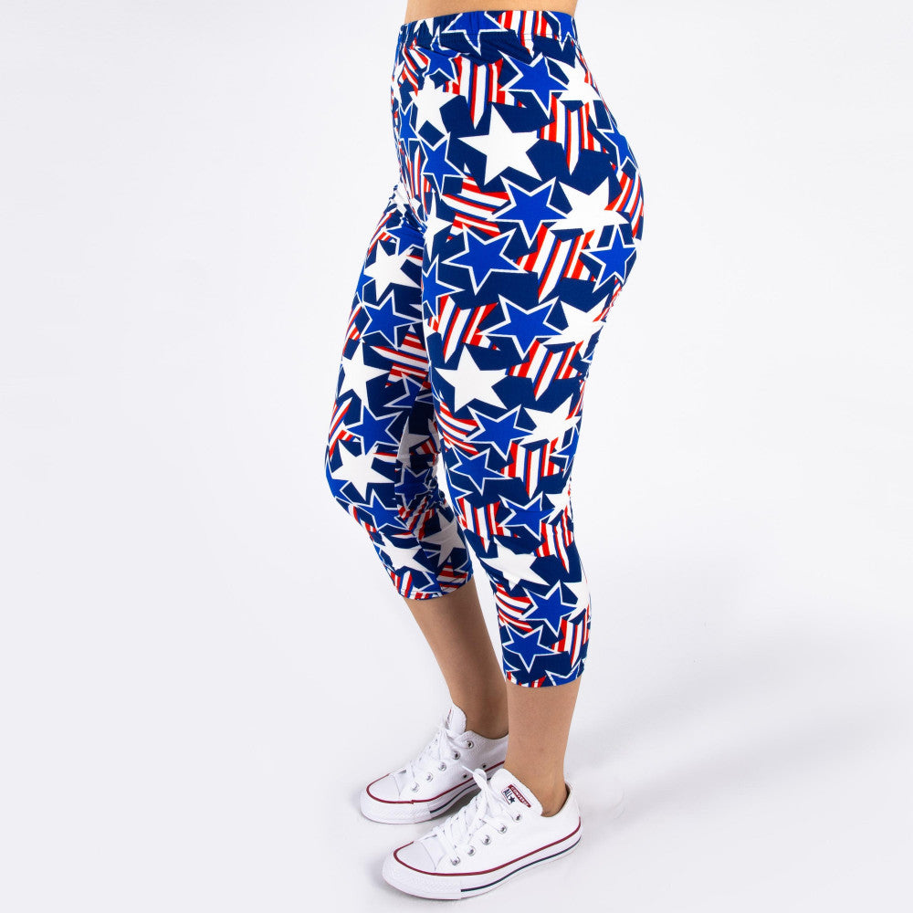 ONE SIZE Peach skin 4th of July capri style leggings featuring stars and stripes