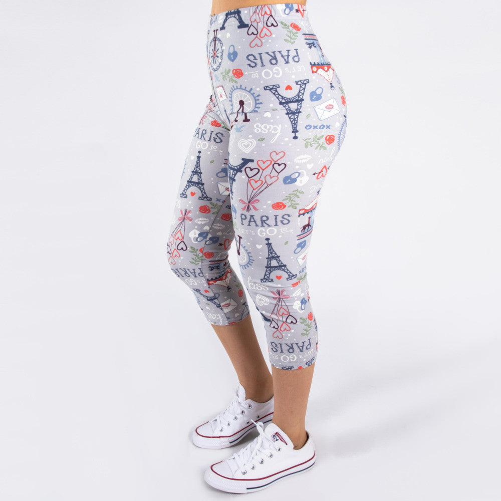 ONE SIZE Peach skin Paris print capri style leggings