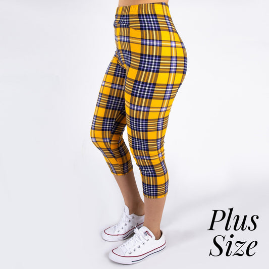 PLUS SIZE Peach skin plaid print capri style leggings