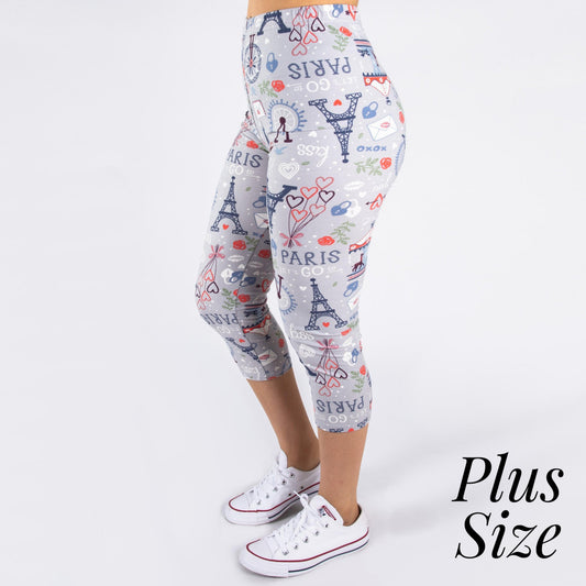 PLUS SIZE Peach skin Paris print capri style leggings