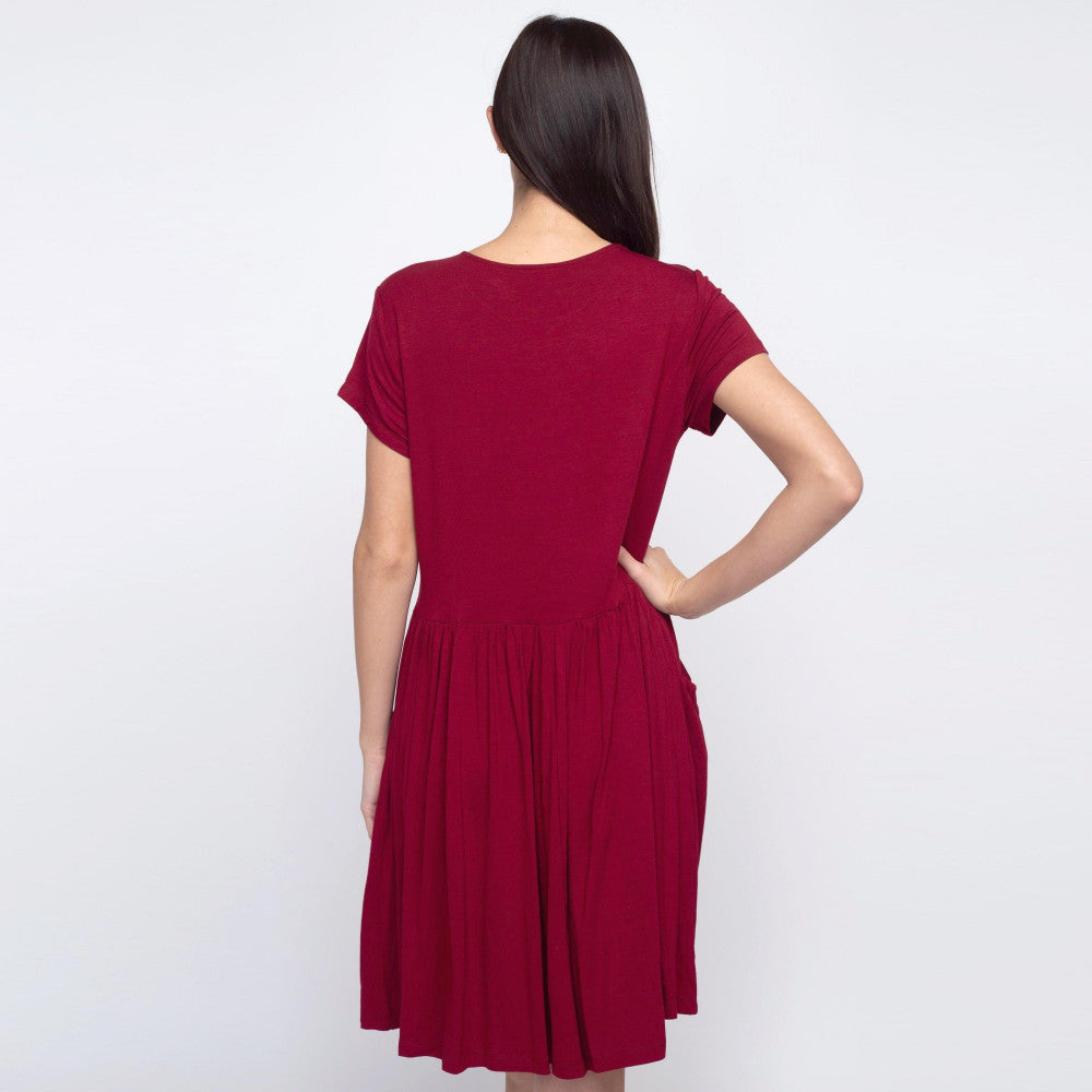 Solid short sleeve babydoll dress with front pocket LARGE / BURGUNDY Solid short sleeve babydoll dress with front pocket LARGE / BURGUNDY