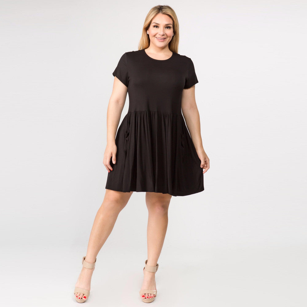 Solid short sleeve babydoll dress with front pocket