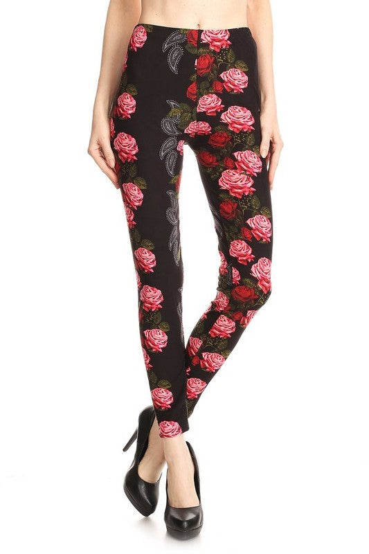 Black Red Floral Camo Print Full Length One Size Leggings