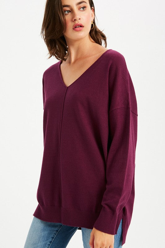 LONG SLEEVE V NECK SOLID KNIT TOP