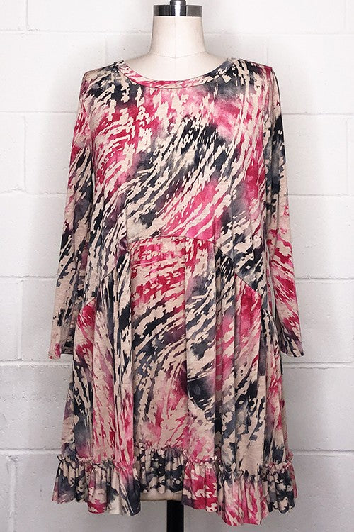 THREE QUARTER SLEEVE TIE DYE PEPLUM TUNIC TOP