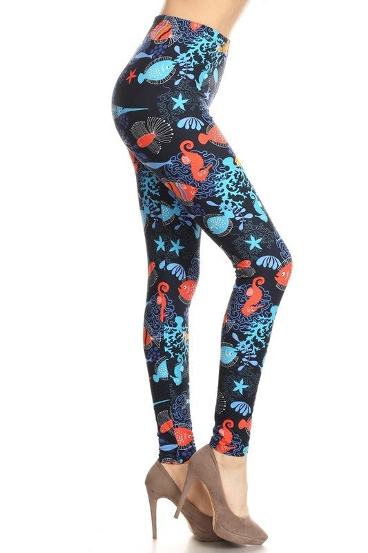 UNDER THE SEA FISH Printed ONE Size Leggings or Plus