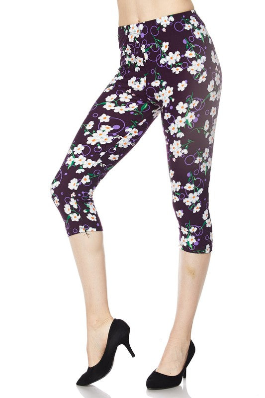 Purple Floral Print Design One Size Capri