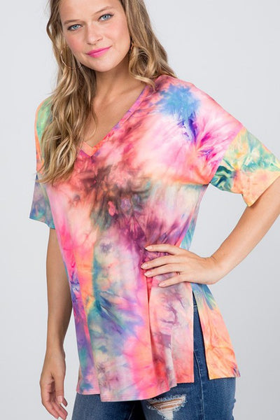 SHORT SLEEVE V NECK RELAX FIT TIE DYE TOP