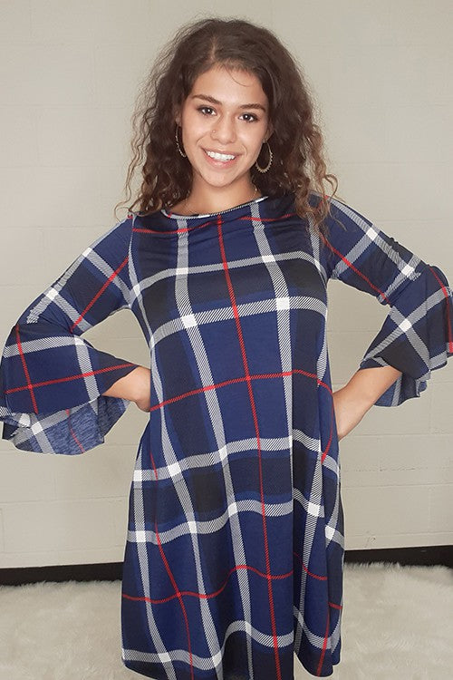 THREE QUARTER SLEEVE SIDE POCKET PLAID DRESS