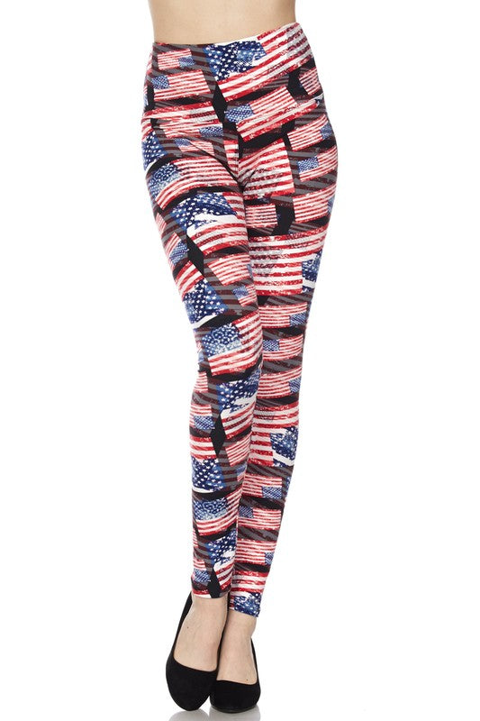 USA Flag Three Dimensional Print w/5inch waistband Printed One Size Leggings