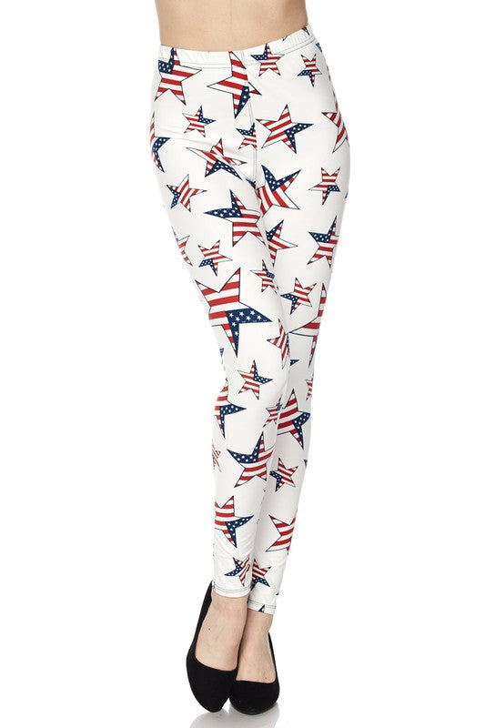 White with Flag Stars Print One Size Leggings