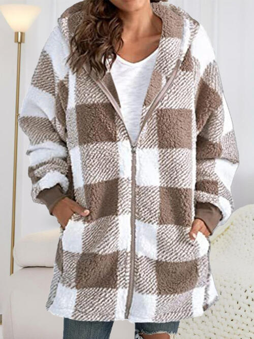 Plaid Zip Up Hooded Jacket with Pockets