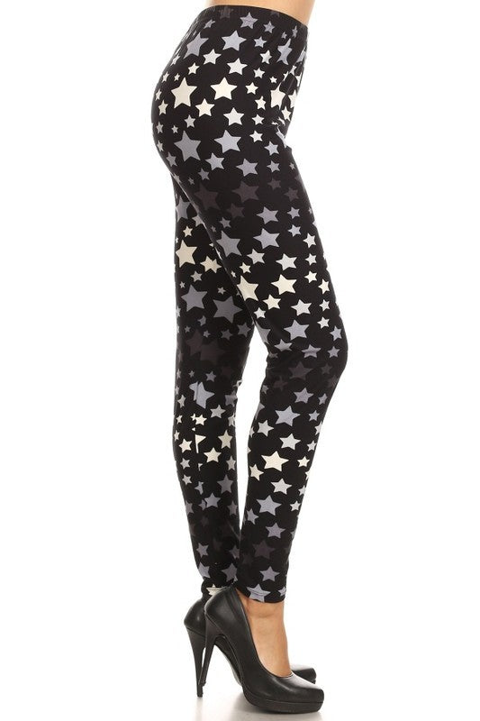 Black White Stars Print Ankle One Size Leggings