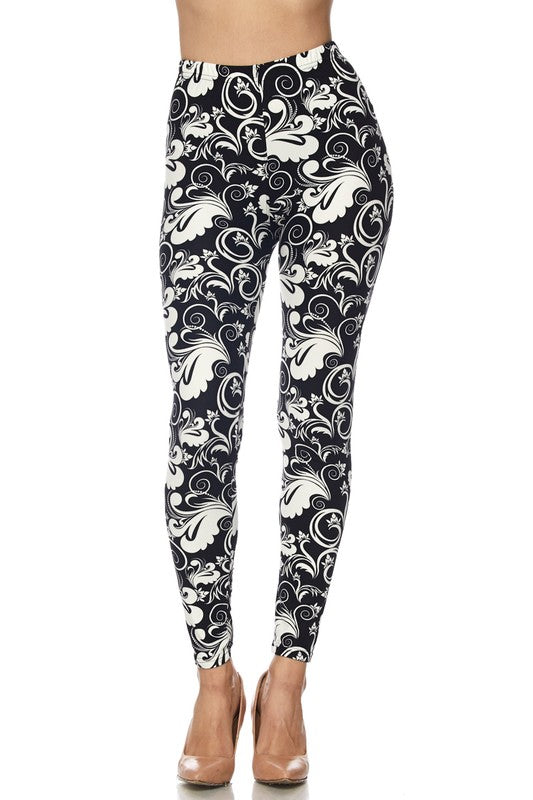 Blk & White Floral Damask PRINT ONE SIZE LEGGINGS FULL BUTTERY SOFT