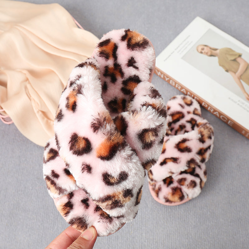 Faux Fur Crisscross Strap Slippers