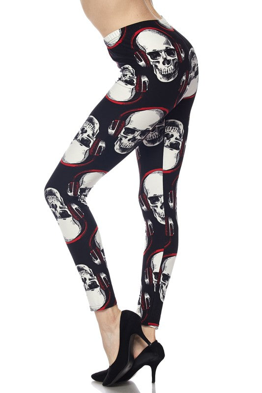 RED HEADPHONE SKULL Print Brushed Ankle ONE SIZE Leggings
