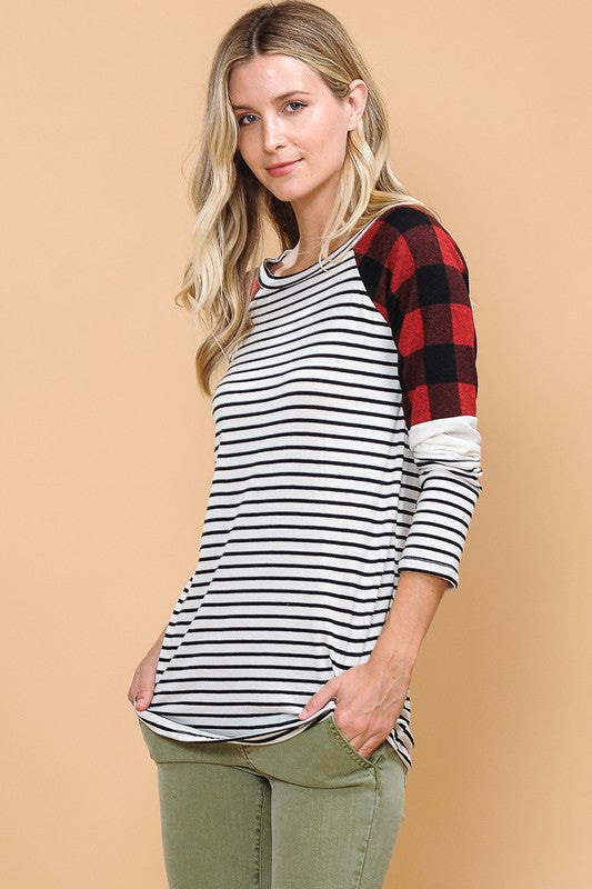 LONG SLEEVE PLAID SHOULDER CONTRAST STRIPE TOP