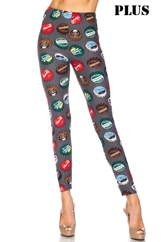 Vintage Bottle Caps PRINT Brushed Ankle PLUS SIZE Leggings