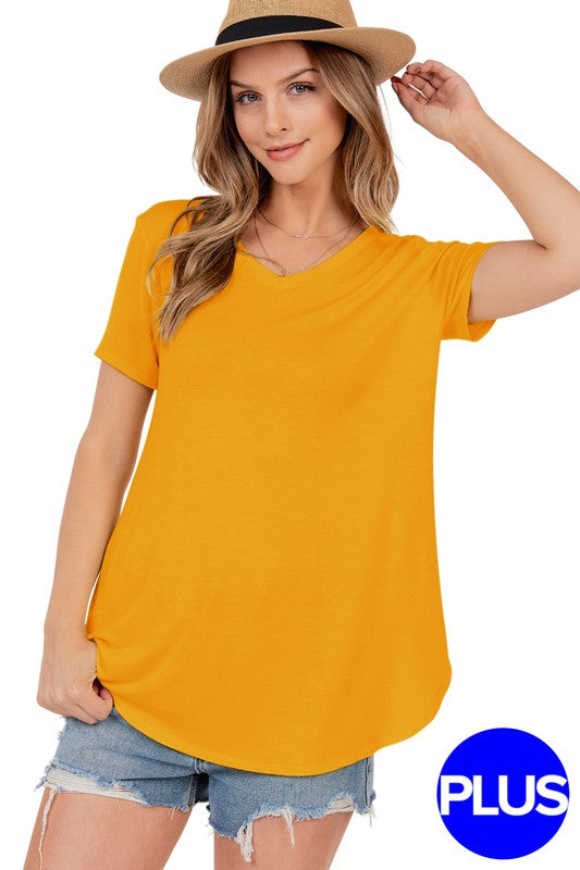 Basic Short Sleeve V Neck Top With Rounded Hem